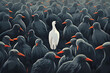 © Prasanth - Standing out from the crowd , white bird standing between man gray birds, Generative AI illustration