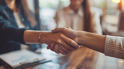 Wall Mural - man and woman handsake in formal attire engaging in a welcoming after successful job interview job seeker hiring