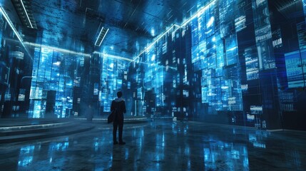 An immersive digital environment with layers of code and data floating in a virtual space, creating a visually captivating scene that represents the complexity and interconnectedness of digital