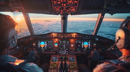 Modern Airplane Cockpit with Advanced Avionics and Pilot Monitoring Instruments in the Sky at Sunset