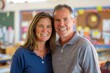 © Markus Schröder - Portrait of a cheerful caucasian couple in their 40s wearing a breathable golf polo in lively classroom background