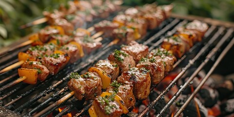 Wall Mural - in the park young people grill meat skewers and eat them together during a barbecue