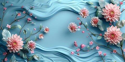 Wall Mural - vintage geometric background with chrysanthemum flower modern bamboo wave and floral