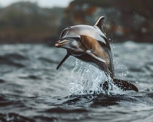 Wall Mural - Energetic Dolphin Leaping Out of Waves with Splash of Water in Wildlife Portrait