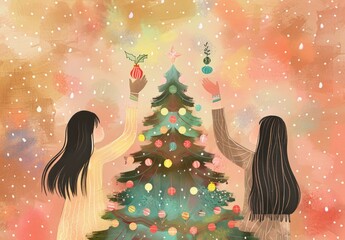 Two women decorating christmas tree with ornaments, watercolor illustration of holiday tradition and festive joy