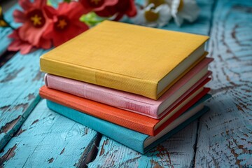 Wall Mural - Stacked books on wooden table