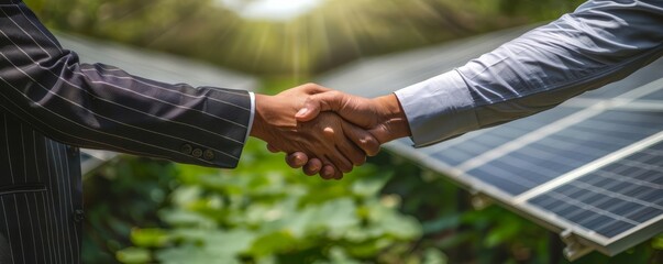 Businessmen shaking hands over solar panels, sustainable energy deal, professional setting, clean energy focus