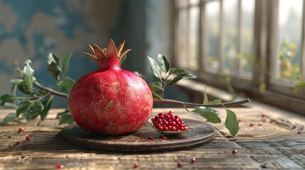 pomegranate on branch. holiday symbol Jewish new year. rosh Hashanah. grain and leaves. set of cut out elements for design. Shana tova 