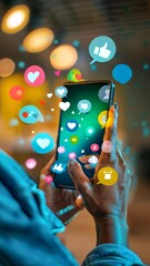 Person using social media mobile phone with notification icons of like, message, comment and star floating above smartphone screen, social media and digital communication