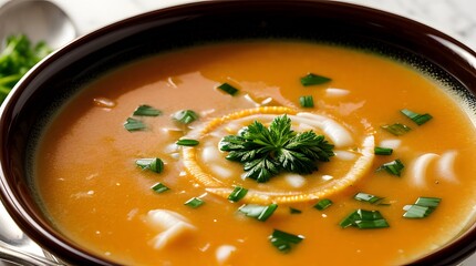 Wall Mural - A warm, inviting bowl of butternut squash soup garnished with fresh parsley and finely chopped green onions. The rich, orange soup is creamy and smooth, presented in a dark, elegant bowl