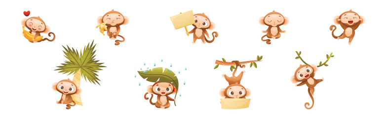 Wall Mural - Funny Brown Monkey with Prehensile Tail Enjoying Different Activity Vector Set