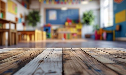 Blank Wooden children work home table , empty wood desk tabletop, school  surface product display mockup on blurry bright children`s room backdrop, for advertising presentation. 