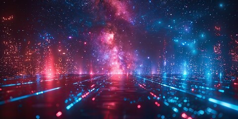 Wall Mural - abstract red blue neon background glowing linear volumetric cube in the middle of a city street under the starry night sky digital futuristic wallpaper