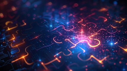 abstract futuristic technology background, glowing sparkly puzzles of the future