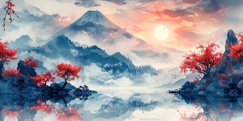 decorative japanese background with red and blue watercolor textures fuji mountain cherry blossom flower bonsai chinese clouds and icon design
