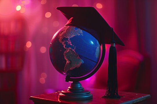 Graduation cap on globe on table