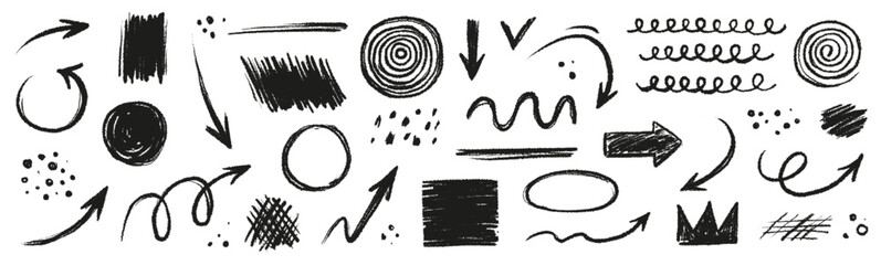 Aufkleber - Arrow line hand drawn brush vector set. Grunge square, spiral, arrow element scribble line brush hand drawn sketch design. Grunge abstract chalk, crayon pencil style. Vector illustration.