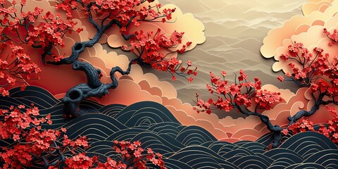 Wall Mural - modern japanese seamless pattern and asian icon in the form of waves crests bonsai clouds and cherry blossom flowers
