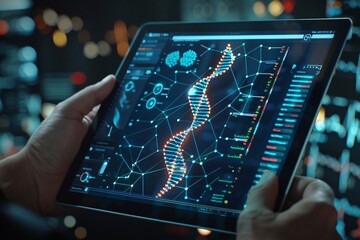 person holding tablet showing dna strand