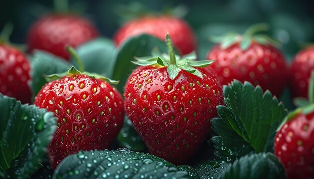 A close-up photo of strawberry berries with leaves, berries with dew drops, strawberry background