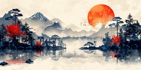 Wall Mural - modern japanese background asian icons and symbols oriental traditional poster design abstract pattern and template with wave and cloud