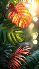 Abstract golden light airy background with tropical plants, space rof text