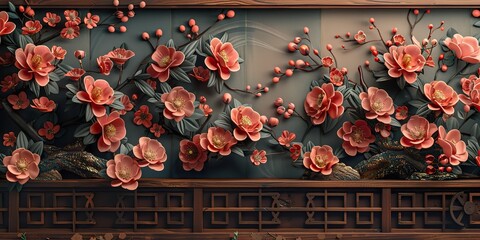 Wall Mural - an elegant japanese background with a patterned peony flower decoration a wooden template with a ribbon and geometric pattern