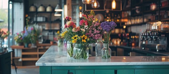 Poster - Marble kitchen island in the foreground with a vintage green countertop and pendant lights overhead, surrounded by jars filled with an abundance of flowers against a blurred backdrop.