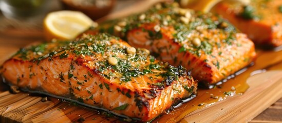 Grilled or roasted salmon cooked on a cedar plank with a flavorful mix of herbs, garlic, and spices
