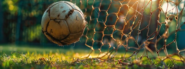 Wall Mural - Soccer Ball Near Goal Net on Grassy Field