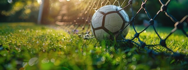 Wall Mural - Soccer Ball Near Goal Net on Grassy Field