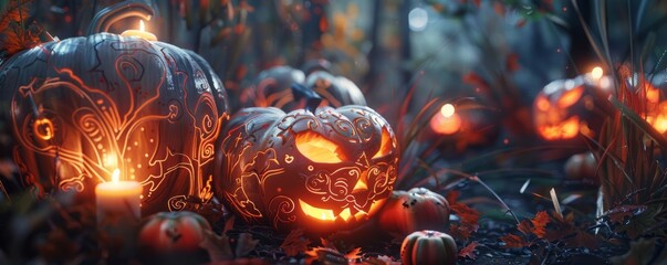 Wall Mural - Carving pumpkins for National Pumpkin Day, October 26th, intricate designs and glowing candles, 4K hyperrealistic photo.
