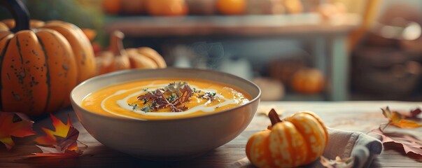 Wall Mural - Making pumpkin soup for National Pumpkin Day, October 26th, creamy bowls and autumn flavors, 4K hyperrealistic photo.