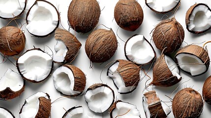 Various pieces of coconuts with white flesh and brown textured exterior