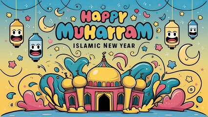 'HAPPY MUHARRAM' Islamic new yea, cartoon style