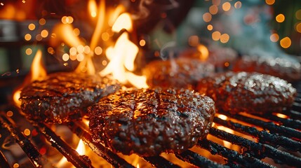 Close-up of juicy burgers being grilled over open flames, capturing the smoky, delicious essence of a barbecue cookout.