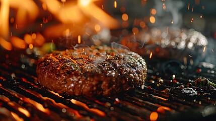 Wall Mural - Close-up of a seasoned burger patty grilling on a flaming BBQ, capturing the sizzle, smoke, and savory essence of outdoor cooking.