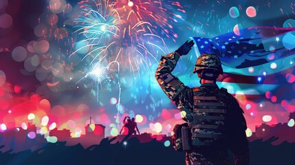 Sticker - Inspirational illustration of a soldier saluting the flag with fireworks for USA Patriotic Day