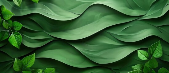Abstract Green Wave Pattern with Leaves