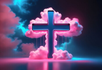 3d render mystical cloud and cross sign glowing with pink blue neon light abstract background