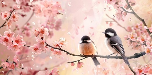 two birds are on a cherry blossom branch