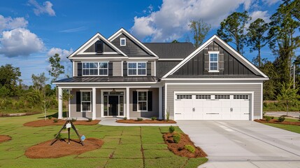 Wall Mural - Beautiful new home exterior with two car garage and covered porch on sunny day