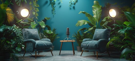 Blue Studio Setup With Two Armchairs and Lighting Equipment