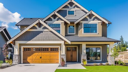 Beautiful new home exterior with two car garage and covered porch on sunny day