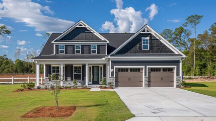 Beautiful new home exterior with two car garage and covered porch on sunny day