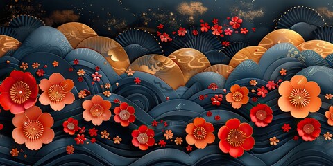 Wall Mural - seamless japanese pattern on gold wave background