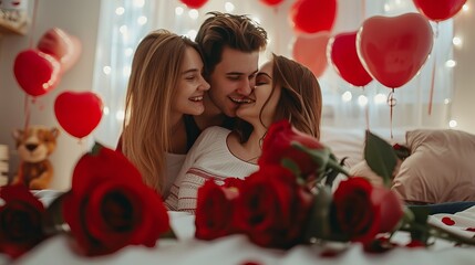 Beautiful young couple at home. Hugging, kissing and enjoying spending time together while celebrating Saint Valentine's Day with red roses on bed and air balloons in shape of heart on the background