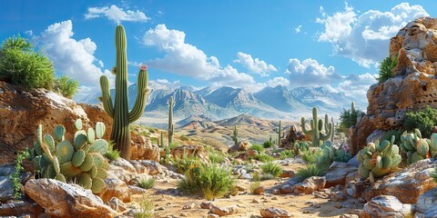 tumbleweed cactuses and rocks of sand desert in africa