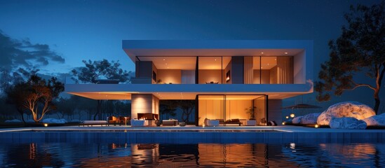 Wall Mural - Modern Luxury Home with Pool at Dusk