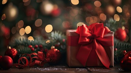 Red decorative ribbon on gift box with illuminated backdrop